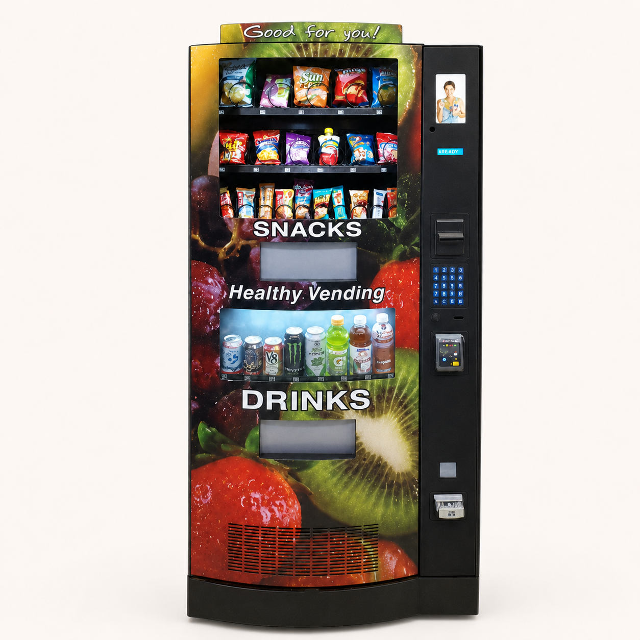 Full view of a traditional Seaga HY2100-style snack and drink combo vending machine